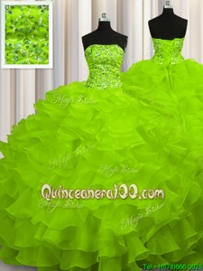 Chic Yellow Green Lace Up Quinceanera Gown Beading and Ruffles Sleeveless Sweep Train
