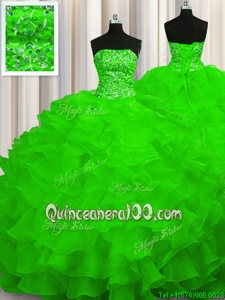 Custom Designed Spring Green Ball Gowns Strapless Sleeveless Organza Sweep Train Lace Up Beading and Ruffles Quinceanera Gown