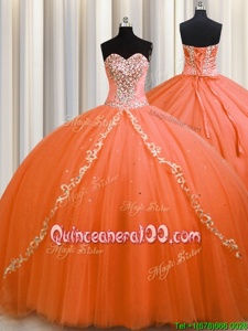 Fantastic Sleeveless Tulle Brush Train Lace Up Quinceanera Dress inOrange forSpring and Summer and Fall and Winter withBeading