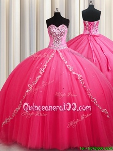 Fine Sleeveless Beading Lace Up Sweet 16 Dress with Hot Pink Brush Train