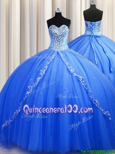 Sleeveless Beading Lace Up Sweet 16 Dress with Blue Brush Train