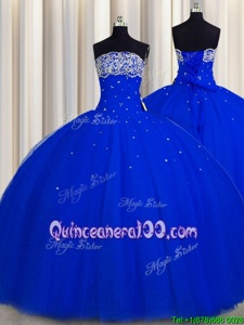 Comfortable Really Puffy Strapless Sleeveless Ball Gown Prom Dress Floor Length Beading and Sequins Royal Blue Tulle
