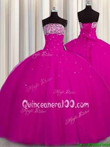 Fine Puffy Skirt Floor Length Fuchsia Quinceanera Gown Strapless Sleeveless Lace Up