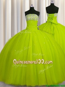 Best Selling Big Puffy Sleeveless Organza Floor Length Lace Up Sweet 16 Dress inYellow Green forSpring and Summer and Fall and Winter withBeading and Sequins