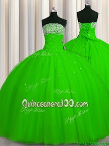 Smart Big Puffy Spring Green Lace Up Strapless Beading and Sequins 15 Quinceanera Dress Tulle Sleeveless