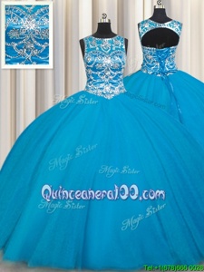 Suitable Scoop Aqua Blue Ball Gowns Beading Quinceanera Dress Lace Up Tulle Sleeveless Floor Length