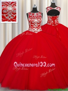 Custom Fit Scoop Sleeveless 15 Quinceanera Dress Floor Length Beading Red Tulle