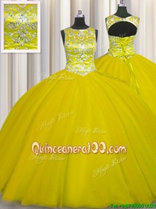 Fitting Gold Ball Gowns Scoop Sleeveless Tulle Floor Length Lace Up Beading Quinceanera Gown