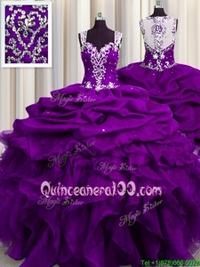 Top Selling See Through Back Eggplant Purple and Purple Zipper 15 Quinceanera Dress Beading and Ruffles and Sequins and Pick Ups Sleeveless Floor Length