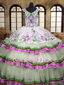 Cute Multi-color A-line V-neck Sleeveless Organza Floor Length Lace Up Embroidery and Ruffled Layers Quince Ball Gowns