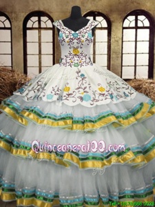 Fashion Floor Length Multi-color Quinceanera Gowns Organza Sleeveless Spring and Summer and Fall and Winter Embroidery and Ruffled Layers