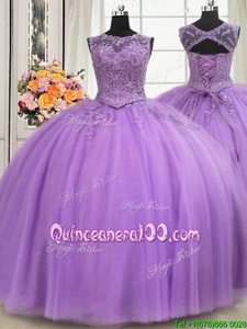 See Through Floor Length Lace Up Vestidos de Quinceanera Lavender and In forMilitary Ball and Sweet 16 and Quinceanera withBeading and Appliques