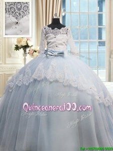 Fantastic Brush Train Scalloped Light Blue Half Sleeves Beading and Lace and Bowknot Lace Up 15th Birthday Dress