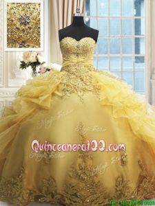 High Quality Yellow Sleeveless Floor Length Beading and Appliques and Ruffles Lace Up Ball Gown Prom Dress