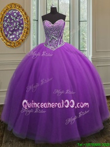 Customized Sweetheart Sleeveless Ball Gown Prom Dress Floor Length Beading Eggplant Purple Tulle
