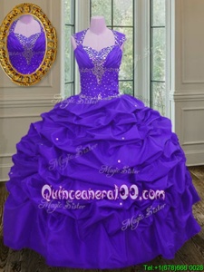 Stunning Eggplant Purple Ball Gowns Straps Sleeveless Taffeta Floor Length Lace Up Beading and Pick Ups 15 Quinceanera Dress