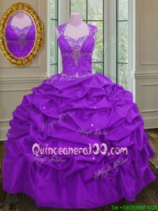Beauteous Purple 15th Birthday Dress Military Ball and Sweet 16 and Quinceanera and For withBeading and Pick Ups Straps Sleeveless Lace Up