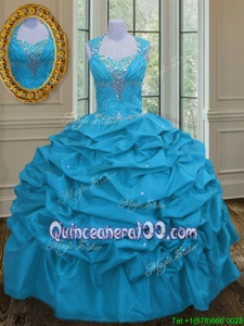 Fabulous Aqua Blue Lace Up Straps Beading and Pick Ups Sweet 16 Dress Taffeta Sleeveless