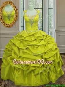 Fancy Pick Ups Ball Gowns Sweet 16 Dress Yellow Green Straps Taffeta Sleeveless Floor Length Lace Up