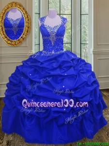Shining Straps Straps Royal Blue Sleeveless Beading and Pick Ups Floor Length Sweet 16 Quinceanera Dress