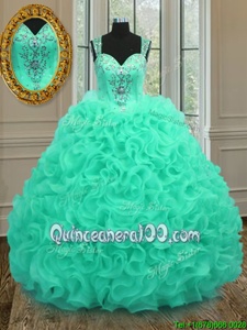 Free and Easy Straps Straps Sleeveless Organza Floor Length Zipper Vestidos de Quinceanera inApple Green forSpring and Summer and Fall and Winter withBeading and Ruffles