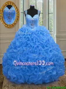 Superior Straps Straps Blue Sleeveless Floor Length Beading and Ruffles Zipper Sweet 16 Dress