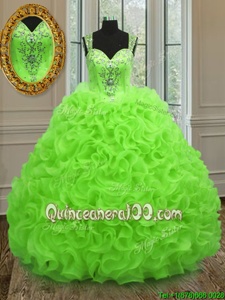 Suitable Spring Green Organza Zipper Quinceanera Gowns Sleeveless Floor Length Beading and Ruffles