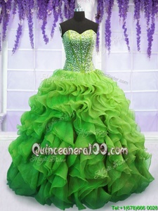 Sexy Spring Green Ball Gowns Beading and Ruffles Quinceanera Dress Lace Up Organza Sleeveless Floor Length