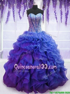 Super Royal Blue Lace Up Sweetheart Beading and Ruffles 15th Birthday Dress Organza Sleeveless