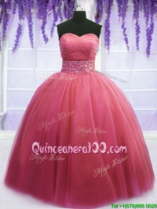 Luxury Watermelon Red Tulle Lace Up Sweetheart Sleeveless Floor Length Ball Gown Prom Dress Beading and Belt