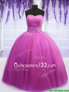 Custom Designed Lilac Ball Gowns Beading and Belt Ball Gown Prom Dress Lace Up Tulle Sleeveless Floor Length