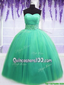 Adorable Turquoise Tulle Lace Up Quinceanera Gowns Sleeveless Floor Length Beading and Belt