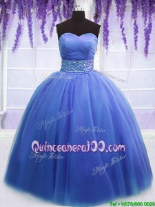 Decent Blue Sleeveless Tulle Lace Up Ball Gown Prom Dress forMilitary Ball and Sweet 16 and Quinceanera