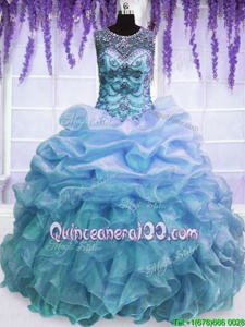Scoop Sleeveless Sweet 16 Dress Floor Length Beading and Pick Ups Blue Organza