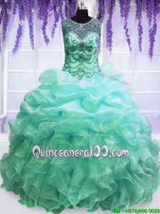 Excellent Scoop Floor Length Lace Up 15 Quinceanera Dress Turquoise and In forMilitary Ball and Sweet 16 and Quinceanera withBeading and Pick Ups