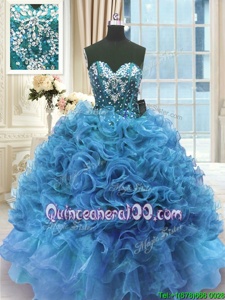 Pretty Blue Sweetheart Neckline Beading and Ruffles Sweet 16 Dresses Sleeveless Lace Up