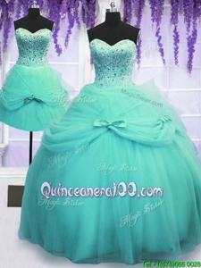 Best Three Piece Aqua Blue Sweetheart Neckline Beading and Bowknot Quinceanera Dresses Sleeveless Lace Up