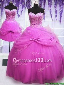Super Three Piece Sweetheart Sleeveless Tulle Ball Gown Prom Dress Beading and Bowknot Lace Up