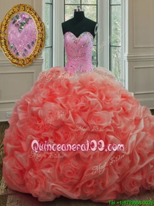 Admirable Watermelon Red Sleeveless Sweep Train Beading and Pick Ups Quince Ball Gowns