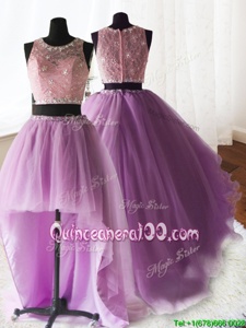 Classical Three Piece Scoop Lilac Sleeveless Brush Train Beading and Lace and Ruffles With Train Quince Ball Gowns
