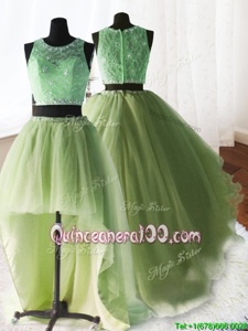 Glittering Three Piece Brush Train Ball Gowns 15 Quinceanera Dress Yellow Green Scoop Organza and Tulle and Lace Sleeveless With Train Zipper