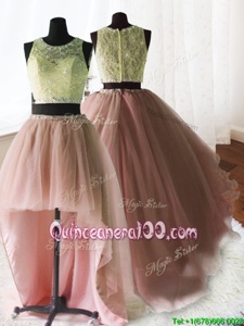Eye-catching Three Piece Baby Pink Ball Gowns Organza and Tulle and Lace Scoop Sleeveless Beading and Lace and Ruffles With Train Zipper Quinceanera Gowns Brush Train