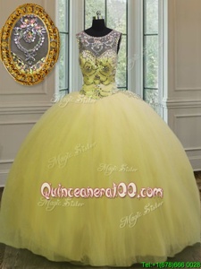 Unique Scoop Beading and Appliques Sweet 16 Dresses Light Yellow Backless Sleeveless Floor Length