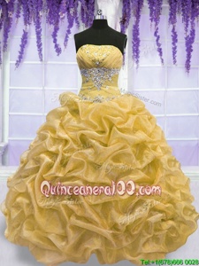 Gold Ball Gowns Organza Strapless Sleeveless Beading Floor Length Lace Up Quinceanera Gowns