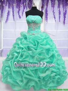 Hot Sale Turquoise Strapless Neckline Beading Quince Ball Gowns Sleeveless Lace Up