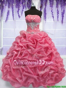 Floor Length Watermelon Red and Rose Pink 15th Birthday Dress Organza Sleeveless Spring and Summer and Fall and Winter Beading