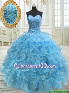 Perfect Baby Blue Ball Gowns Organza Sweetheart Sleeveless Beading and Ruffles Floor Length Lace Up Quince Ball Gowns