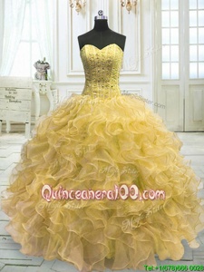 Chic Light Yellow Lace Up Quinceanera Gown Beading and Ruffles Sleeveless Floor Length