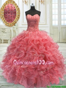 Edgy Sweetheart Sleeveless Lace Up Quinceanera Gown Watermelon Red Organza