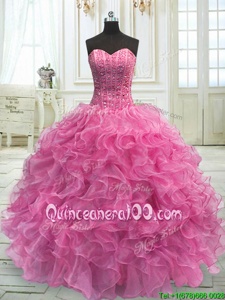 Custom Designed Rose Pink Ball Gowns Sweetheart Sleeveless Organza Floor Length Lace Up Beading and Ruffles Quinceanera Gown